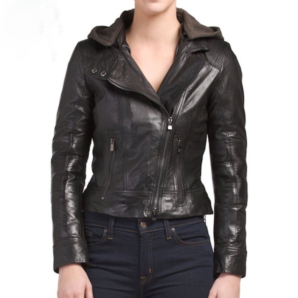 Bod & Christensen Hooded Leather Bomber Moto Jacket